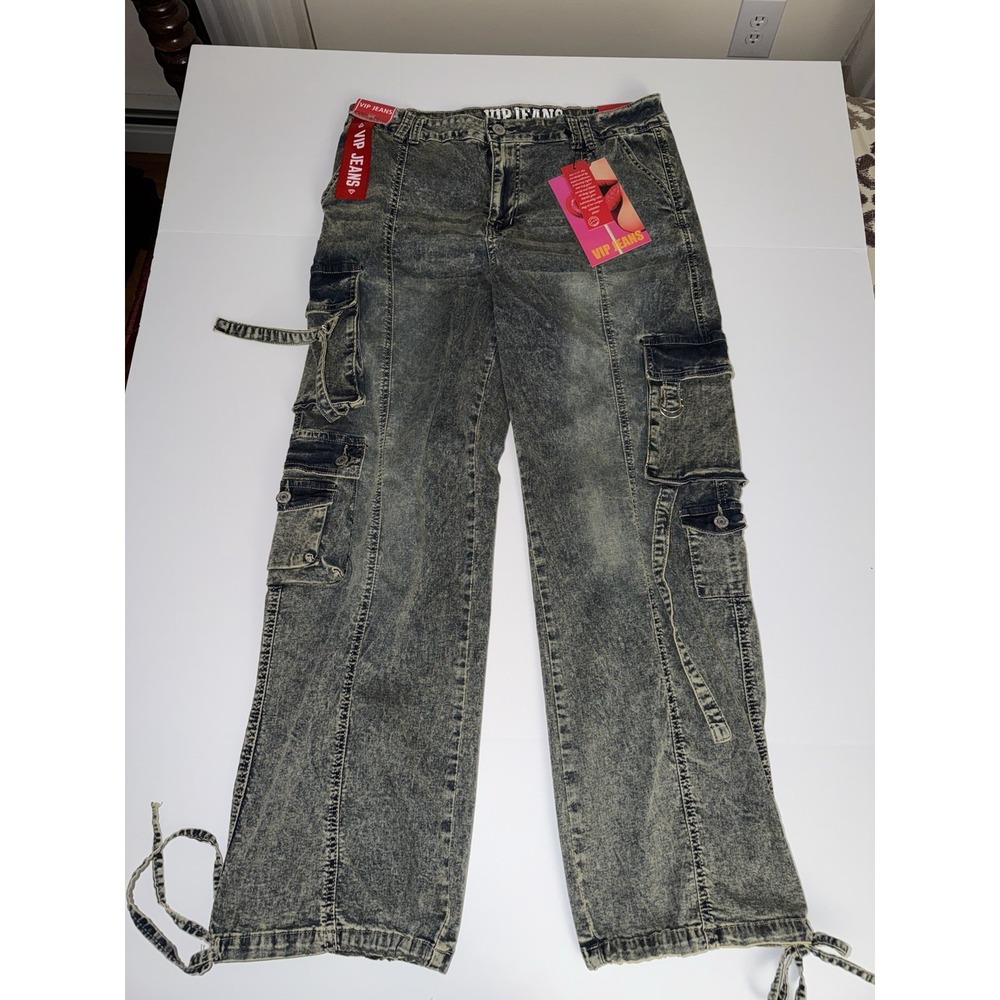 VIP Jeans Women 13/14 Cargo Jeans Gray Acid Wash Y2K Grunge Goth Streetwear NWT